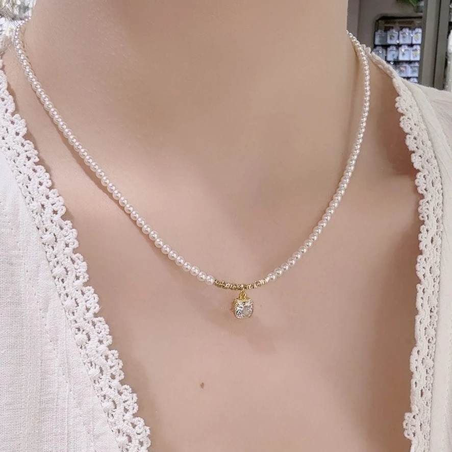 铜合金仿珍珠项链 轻奢精致百搭小方糖3mn锁骨链项链吊坠简约颈链