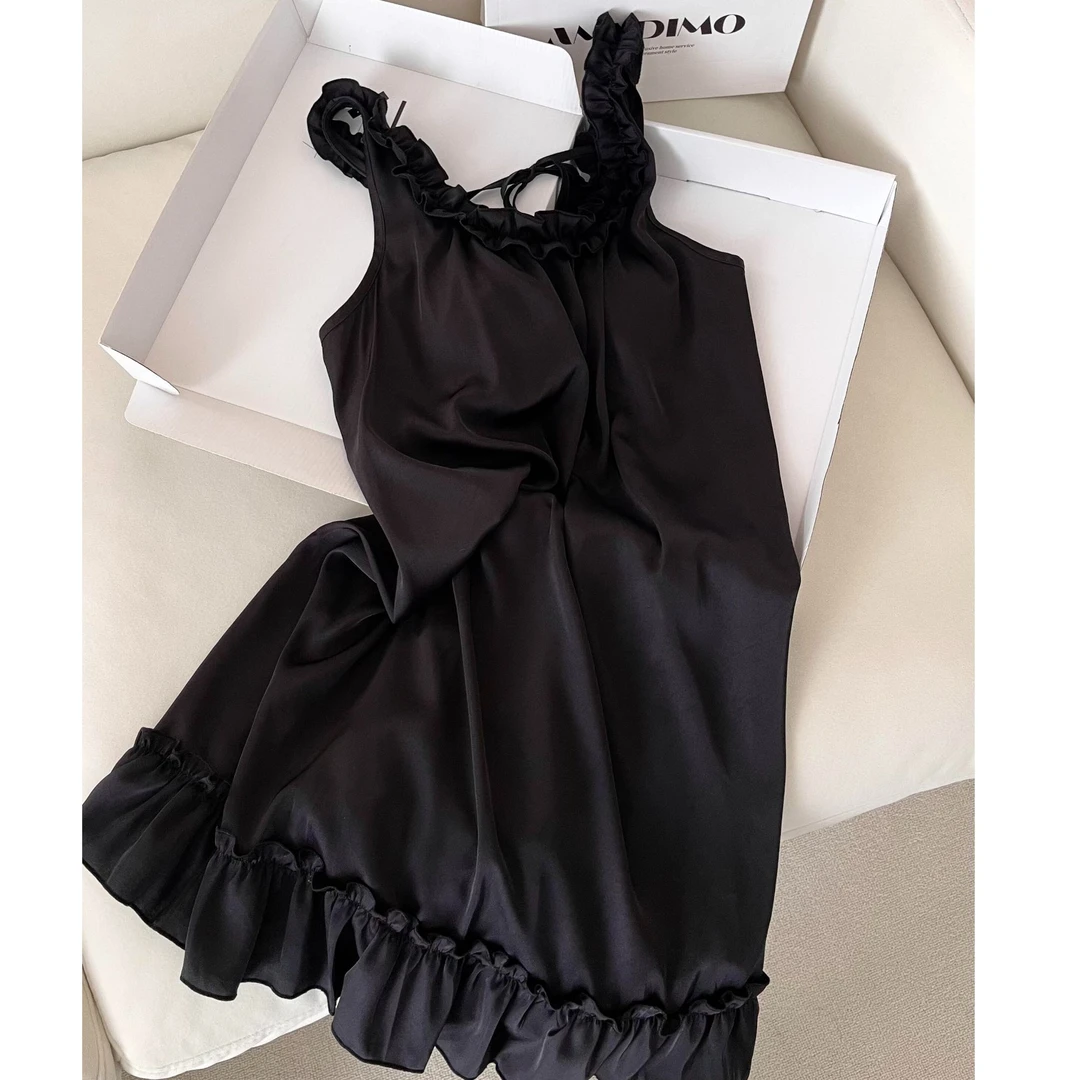 法式少女纯欲木耳边露背系带冰丝睡裙夏季家居服带胸垫吊带裙外穿