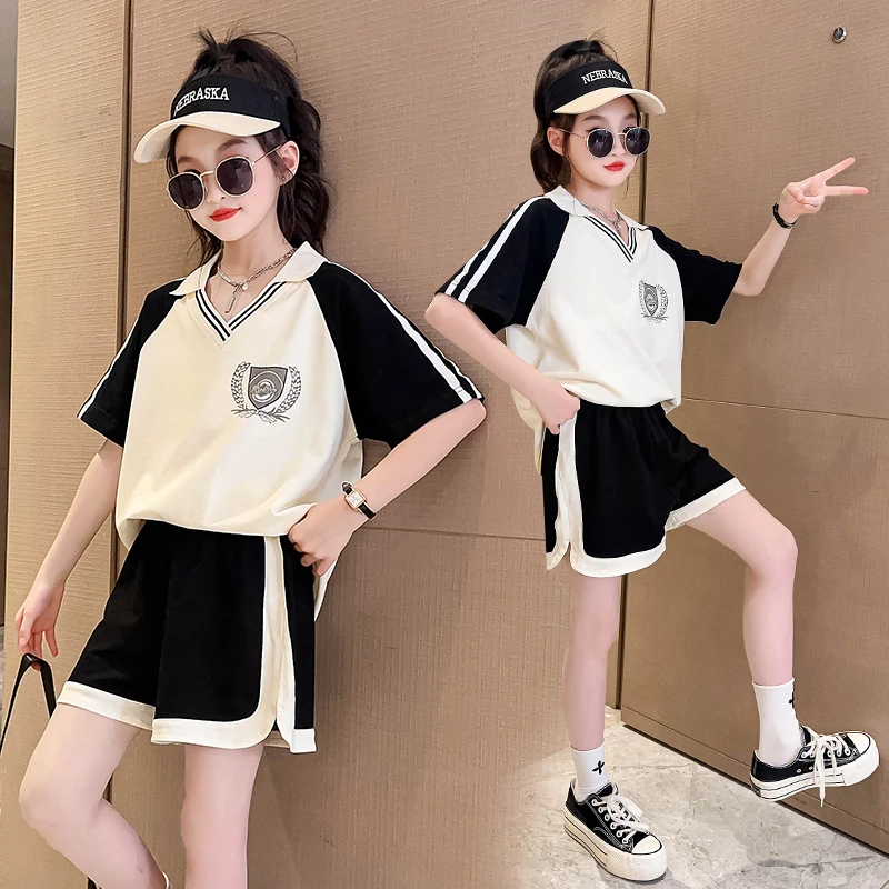 女童运动休闲套装夏季2025新款大儿童夏装学院风POLO衫短裤两件套