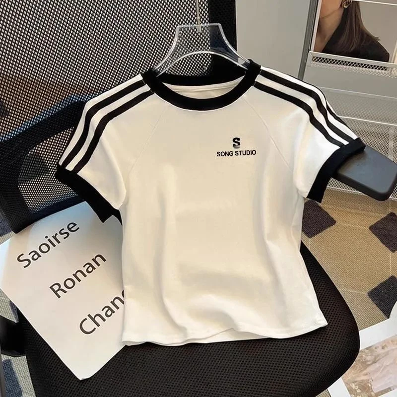 女童2025夏季新款网红时髦洋气短款短袖纯棉修身显瘦百搭T恤上衣