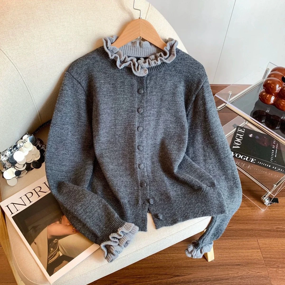 正品撤柜剪标羊毛衫木耳边针织开衫秋冬新款假两件拼色毛衣外套