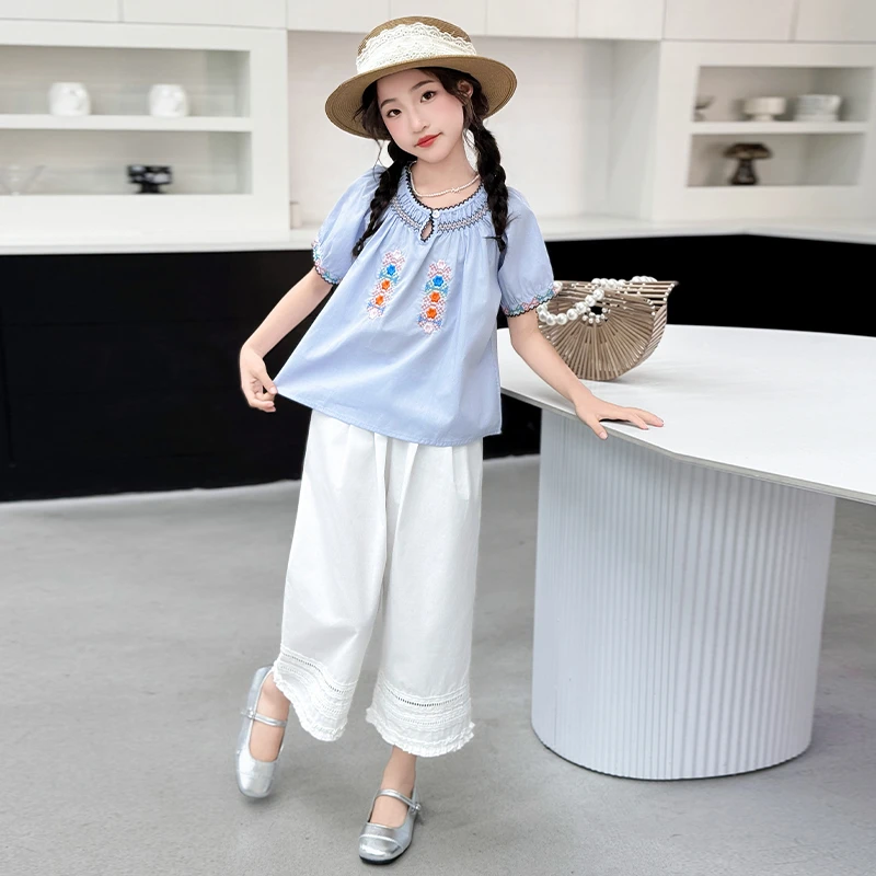 女童夏季套装新款甜美夏装小女孩可爱绣花田园风短袖直筒裤两件套