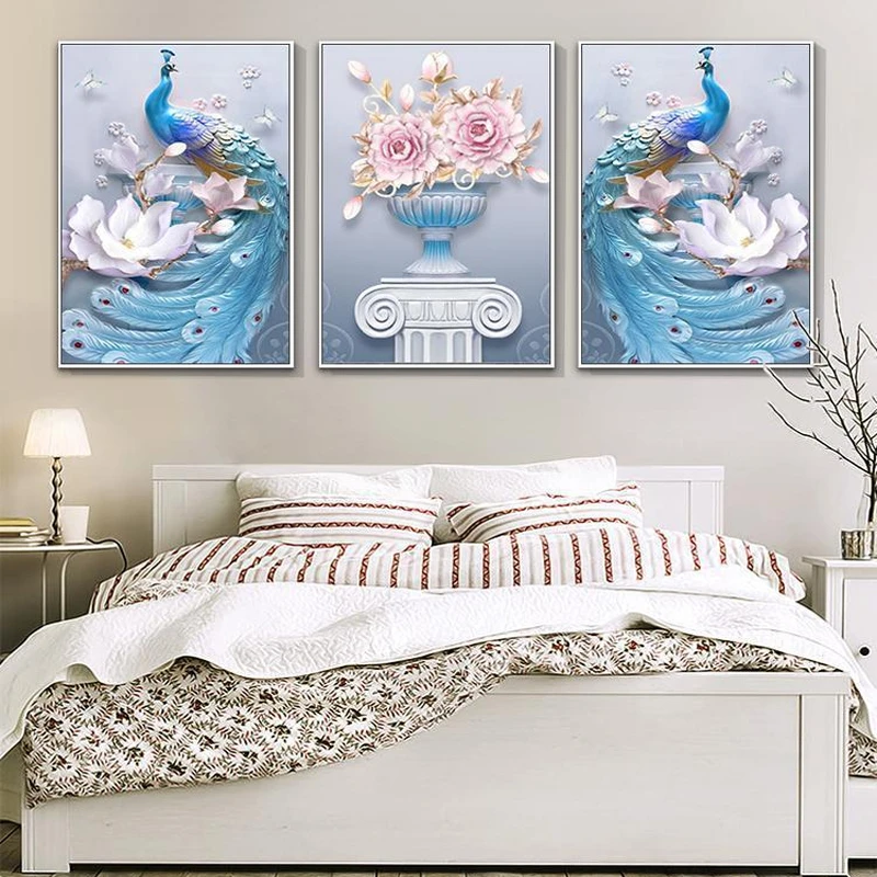 【乐乐甄选钻石画】客厅大幅圆钻满钻贴钻国画【孔雀三联画】山水风景