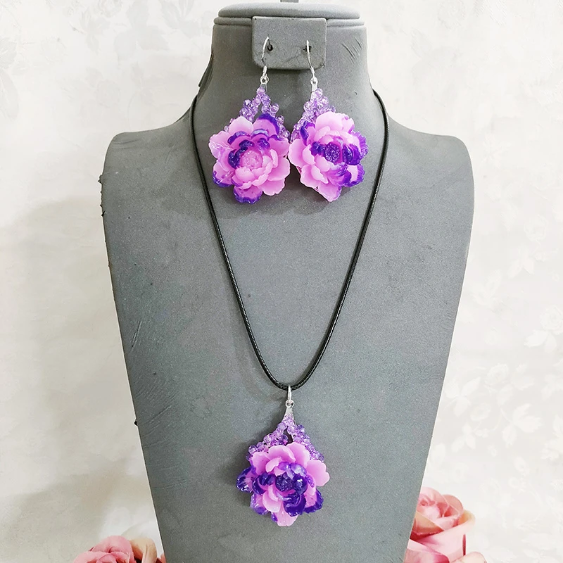 铜合金项链 民族风手工项链套装紫色花卉耳坠饰品1107