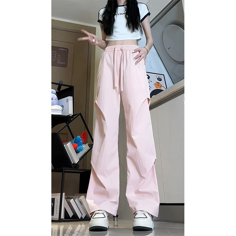 樱花粉高腰伞兵裤男女阔腿裤薄款夏季多巴胺山本长裤褶皱显瘦裤子