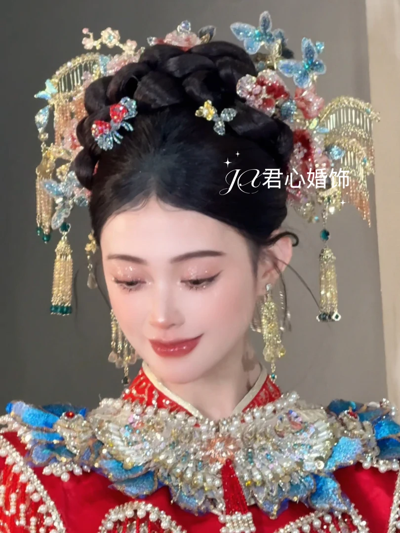 君心家 芳菲xs中式高级色红蓝水晶手作大钗后压新娘饰品