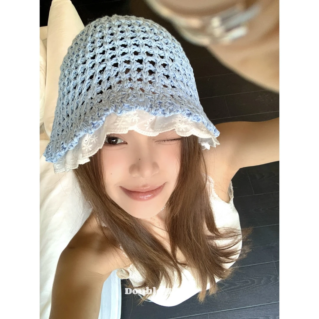 double i i 蕾丝花边镂空渔夫帽子女夏遮阳防晒薄款透气针织盆帽