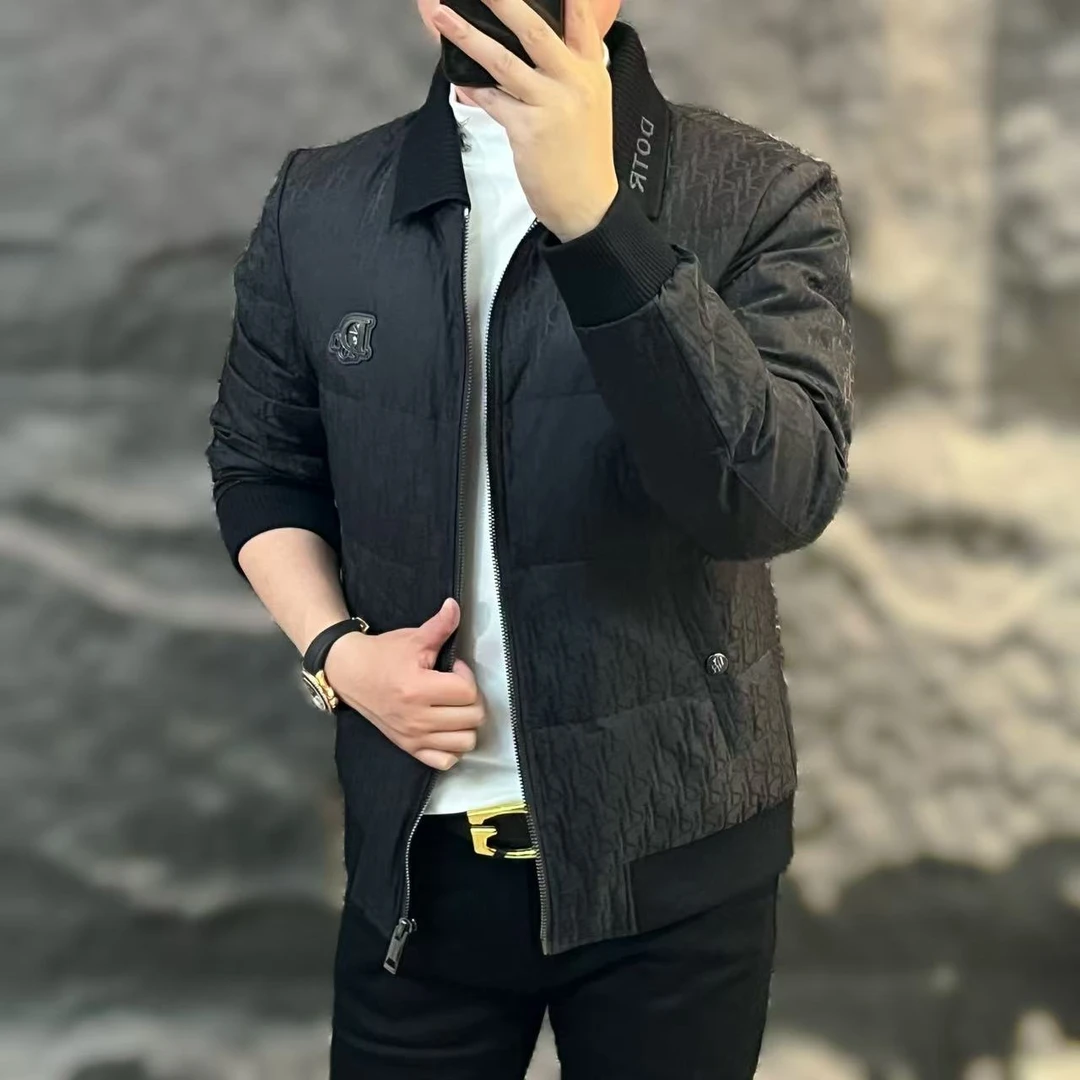 新款高端男士秋冬潮流百搭时尚个性胸标领口休闲羽绒服