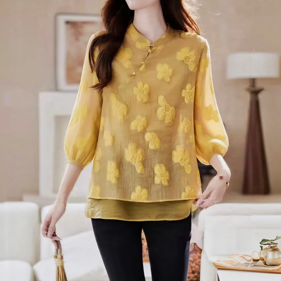 高级感花朵刺绣衬衫女秋季百搭新中式洋气减龄套头别致上衣雪纺衫