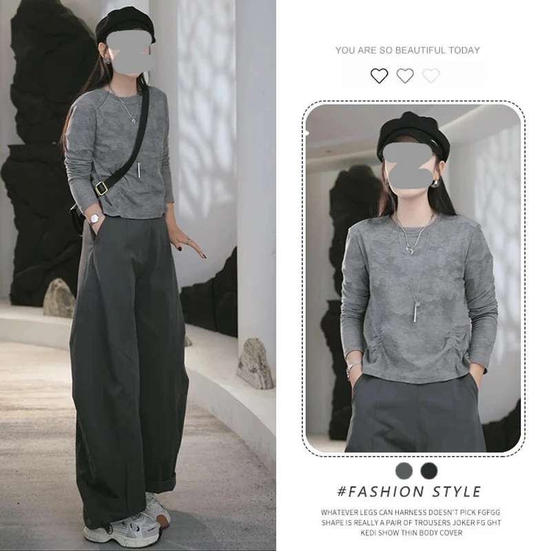 韩系短款提花长袖T恤女2025早秋新款修身内搭褶皱收腰显瘦打底衫