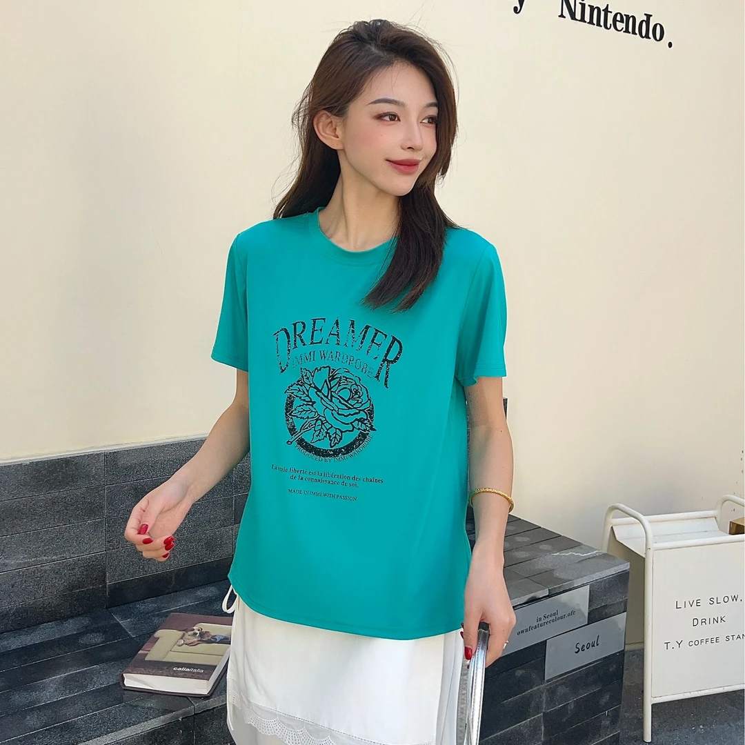 D165夏季新款休闲韩版百搭简约印花字母女士圆领短袖25-90