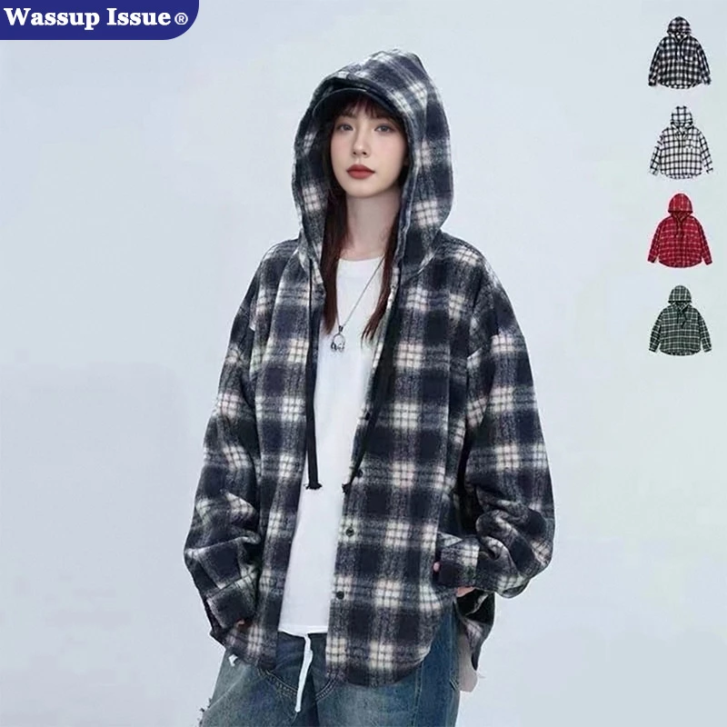 WASSUP ISSUE美式高街连帽格子衬衫外套男款春季宽松百搭休闲衬衣