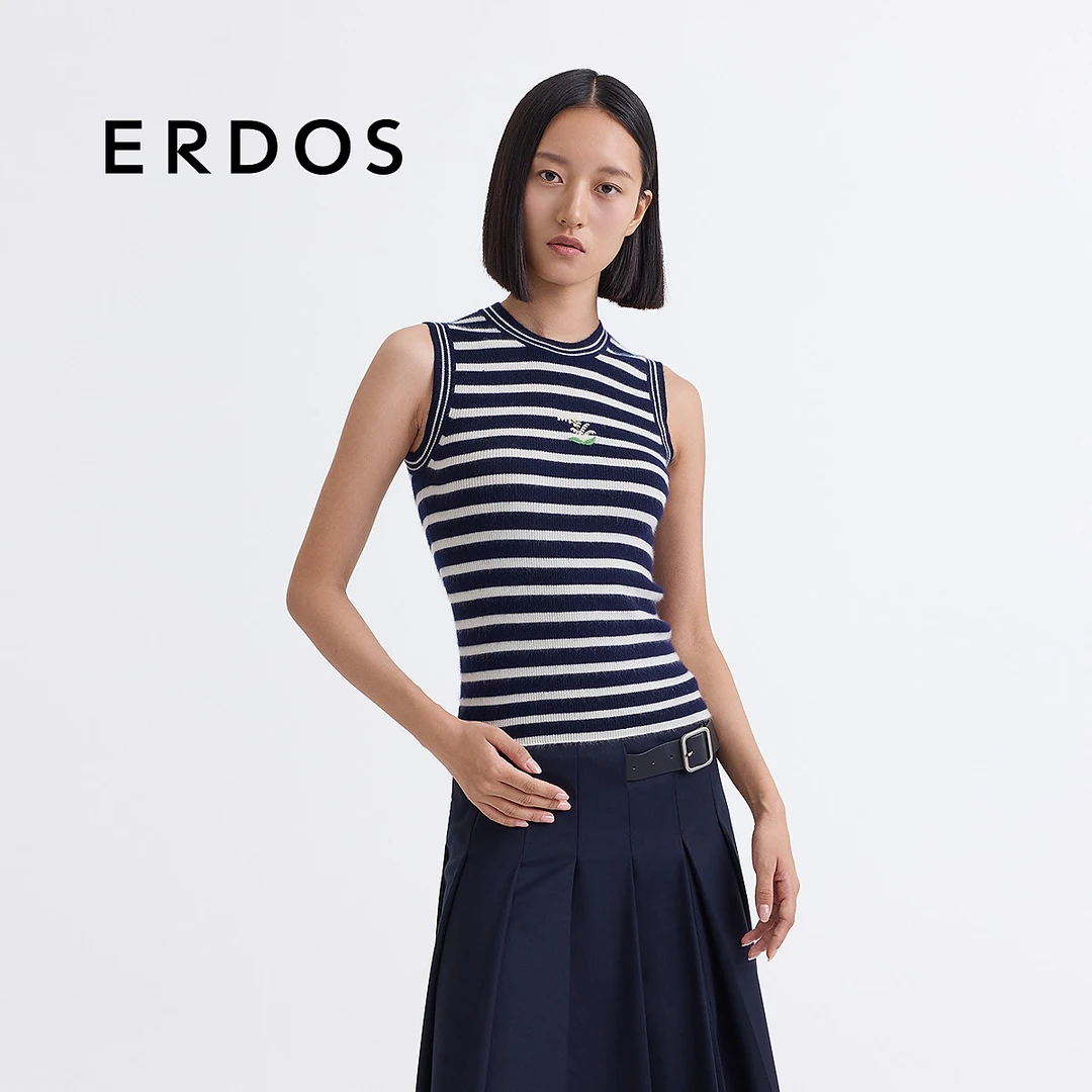 【精纺羊绒】ERDOS 圆领铃兰花刺绣针织背心春薄款条纹