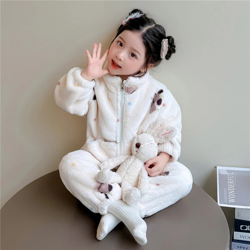 儿童珊瑚绒睡衣女孩秋冬款加厚2025新款宝宝法兰绒套装女童家居服