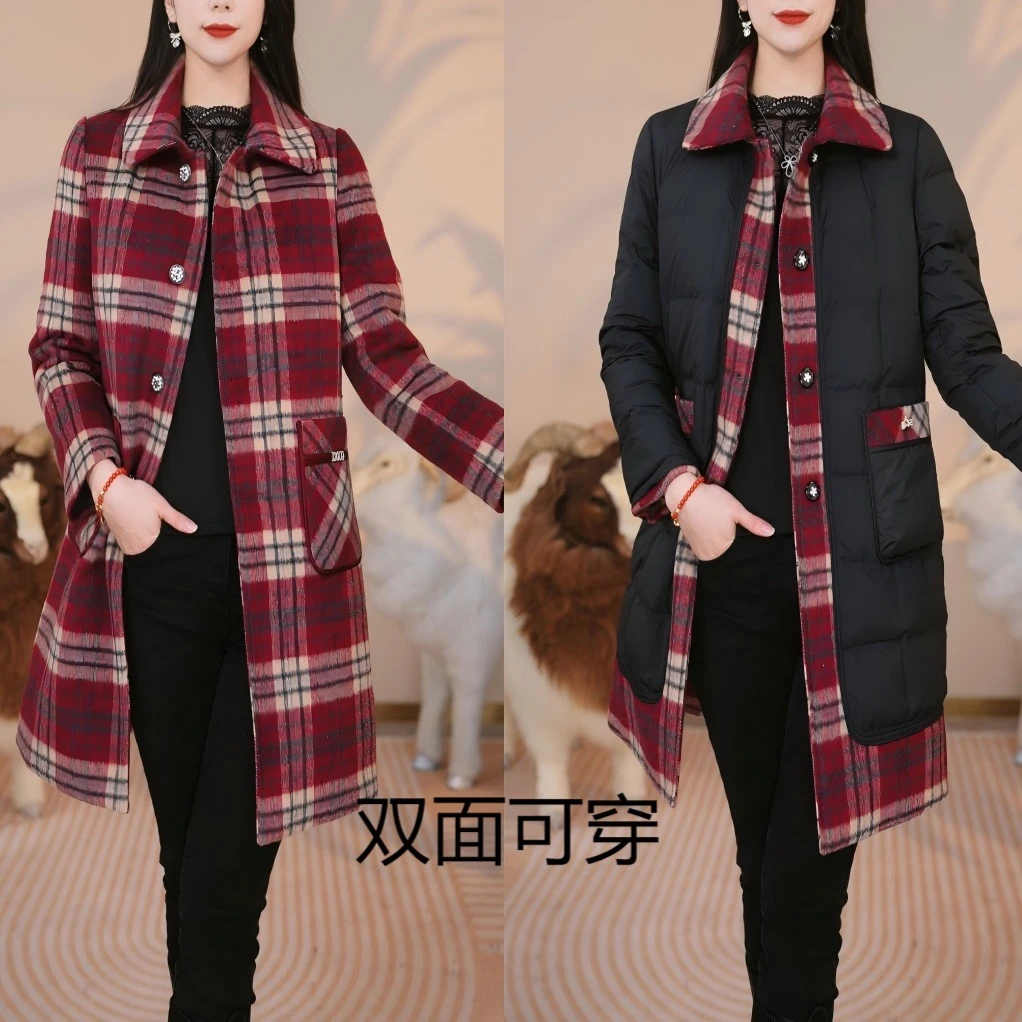 璐娅娜专享25年秋冬白鸭绒羊毛羽绒服大衣外套双面双穿加厚女装