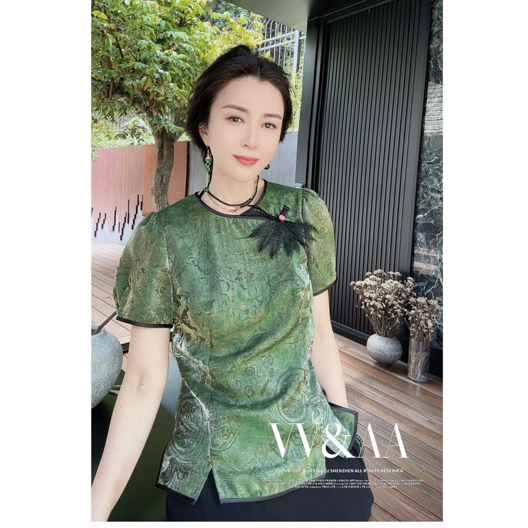 VV&AA【碧云】中式斜襟时尚国风气质花萝提花上衣 R822