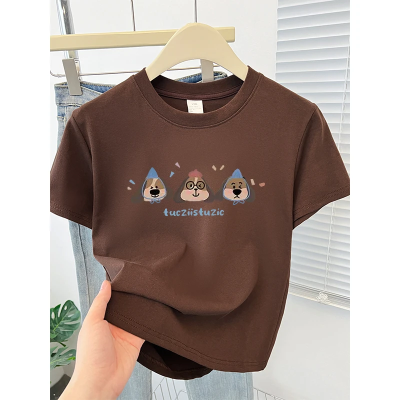 藏青色正肩短袖女t恤女夏季新款修身显瘦设计感小众印花圆领上衣