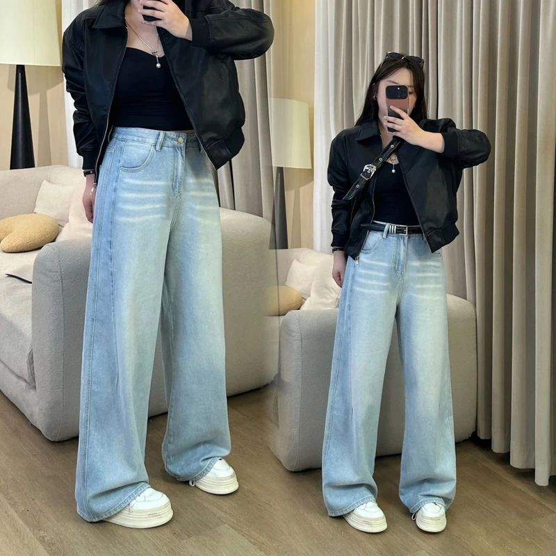 【现货】6693粉色皮牌高腰阔腿牛仔裤女宽松春秋新款高端直筒裤子女