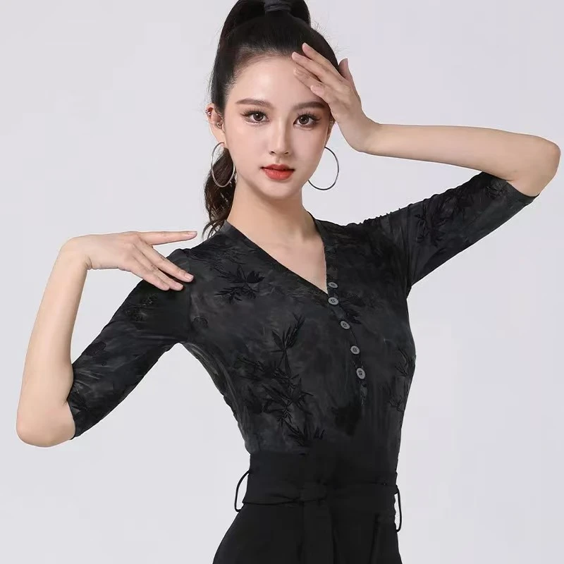 新款上衣连体中袖上衣摩登舞交谊舞国标舞夏季舞蹈上衣