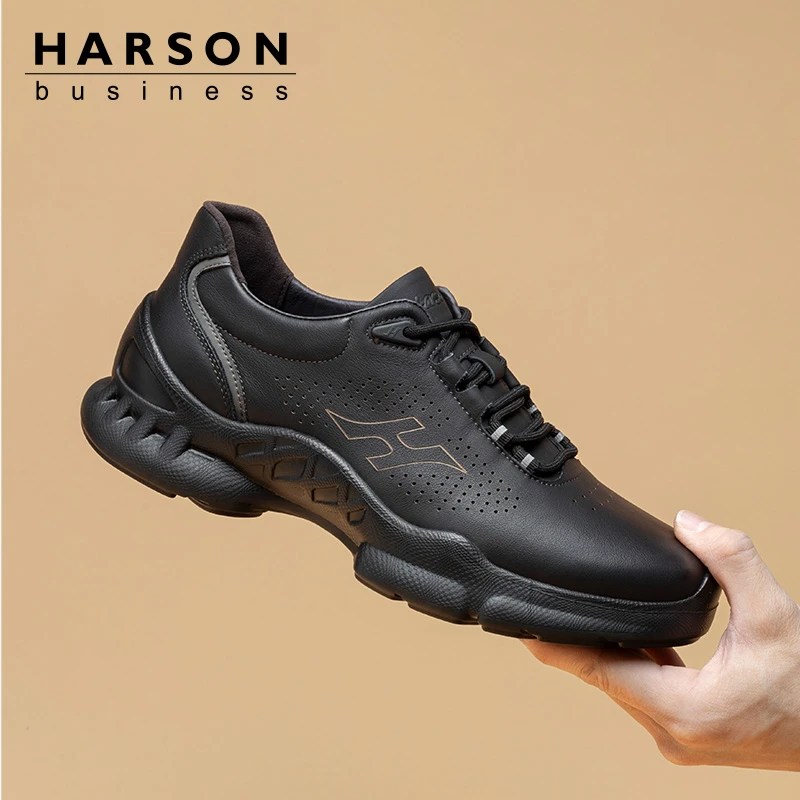 Harson哈森男士春秋季真皮头层小牛皮软底厚底增高时尚运动休闲鞋
