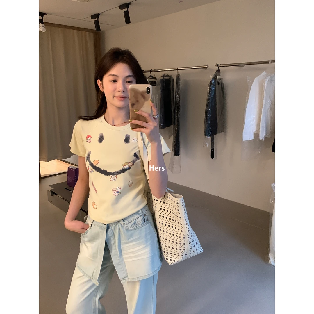 夏上新！【Hers】简约小众个性Kitty猫笑脸图案插肩袖短袖T恤  20