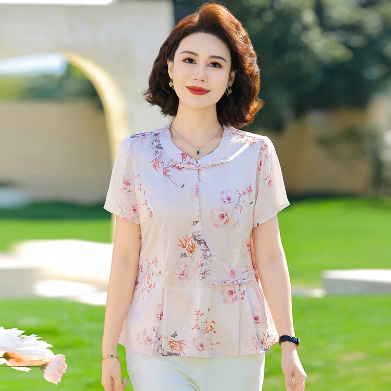 6048-女士高档洋气小衫夏装新款新中式国风修身短袖t恤妈妈装上衣