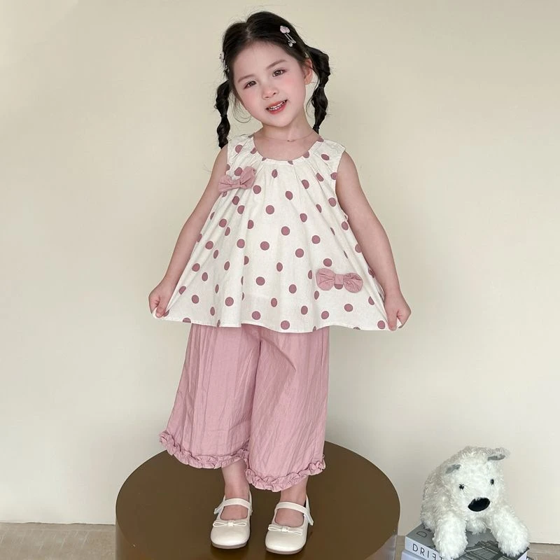 夏季2025新款女童无袖蝴蝶结波点上衣套装女宝宝夏日裤腿裤俩件套