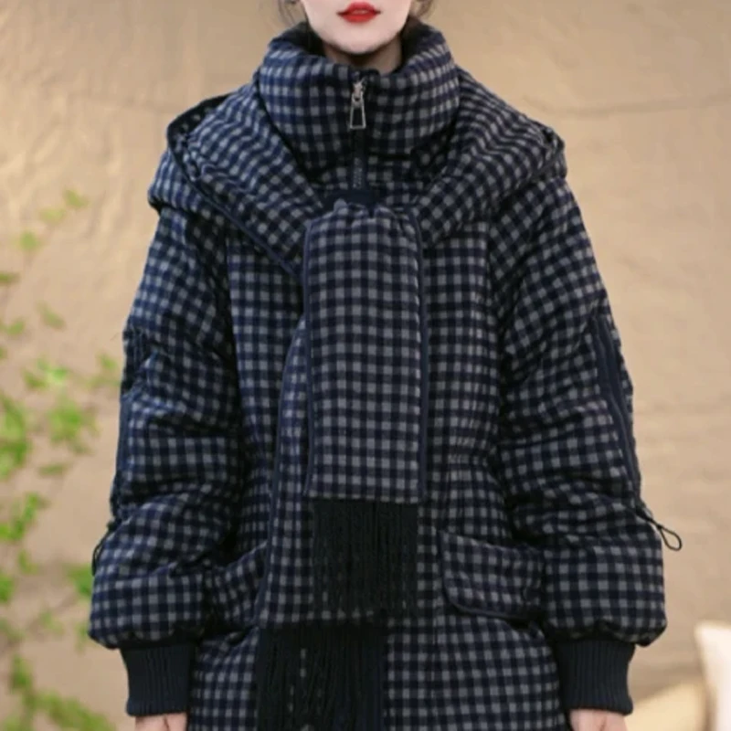 通勤百搭超好看格纹棉服女中长款2026冬季设计感时髦显瘦新款外套