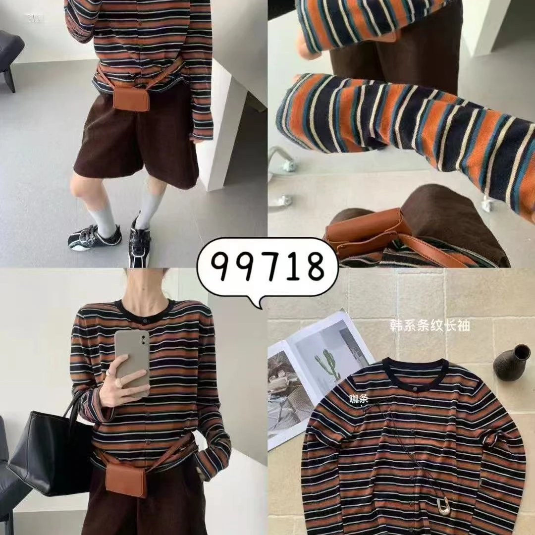 韩系风条纹长袖老钱风圆领T恤休闲时尚绒衫打底衫