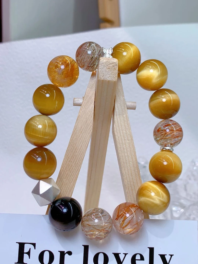 天然虎眼石颗颗带眼搭配黄水晶黄塔晶情侣百搭素圈DIY手串米米