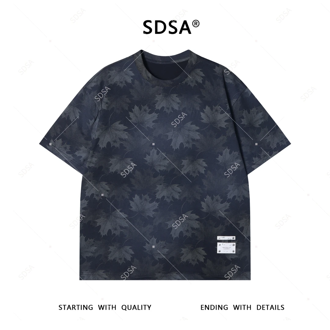 夏季高级感新款男士复古扎染满印枫叶图案短袖T恤时尚圆领上衣潮