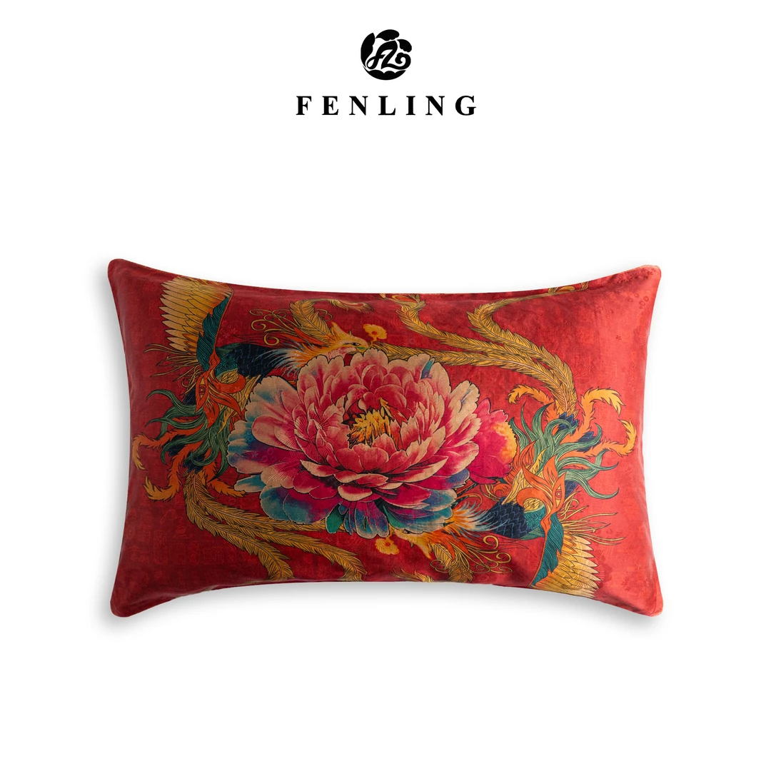 芬领-双凤牡丹-新中式桑蚕丝香云纱46*70cm提花单面枕套T590
