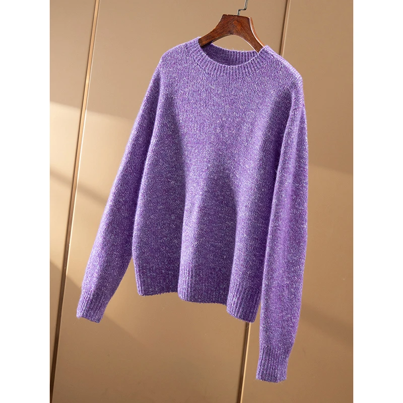 春天家 幻彩花纱 法柜软糯羊绒+羊毛细闪金丝圆领毛衣女51E2 特