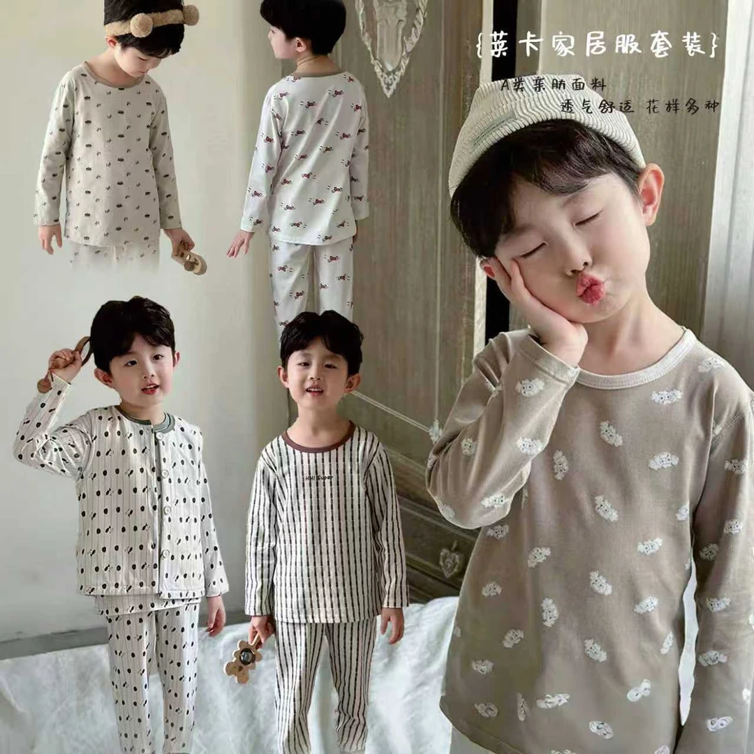 【糯七】秋冬新款200g儿童A类秋冬纯棉无骨家居服秋衣秋裤莱卡套装