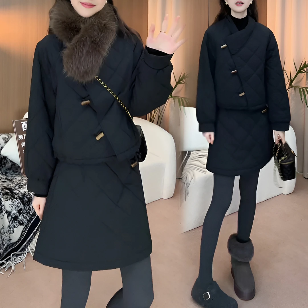 秋冬新款轻便舒适菱格走线短款小廓型外套高腰半身短裙套装