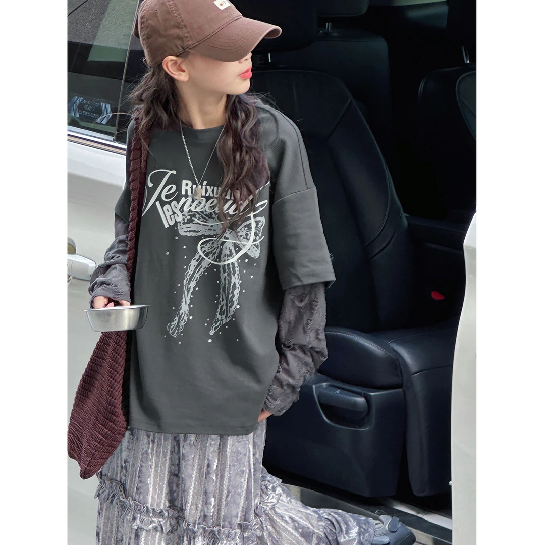 K29464孙小美假两件女童长袖T恤新款秋装儿童上衣春秋打底衫