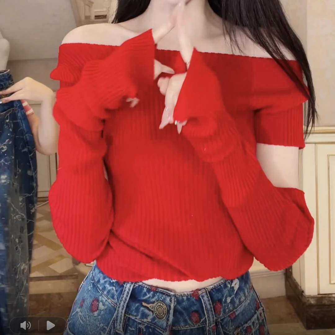 红色秋季一字肩法式短袖毛针织衫打底衫带袖套修身款上衣