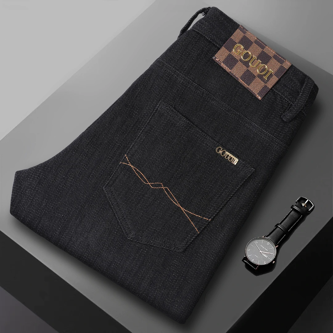 GOUOI小蜜蜂秋冬厚牛仔裤男轻奢绣花弹力修身小直筒高档男装长裤