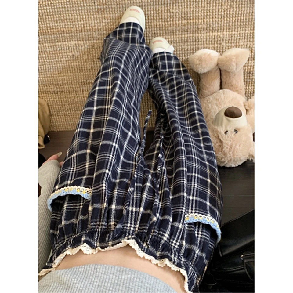 赵露思同款蓝色格子休闲裤女2025秋冬新款宽松高腰直筒阔腿长裤