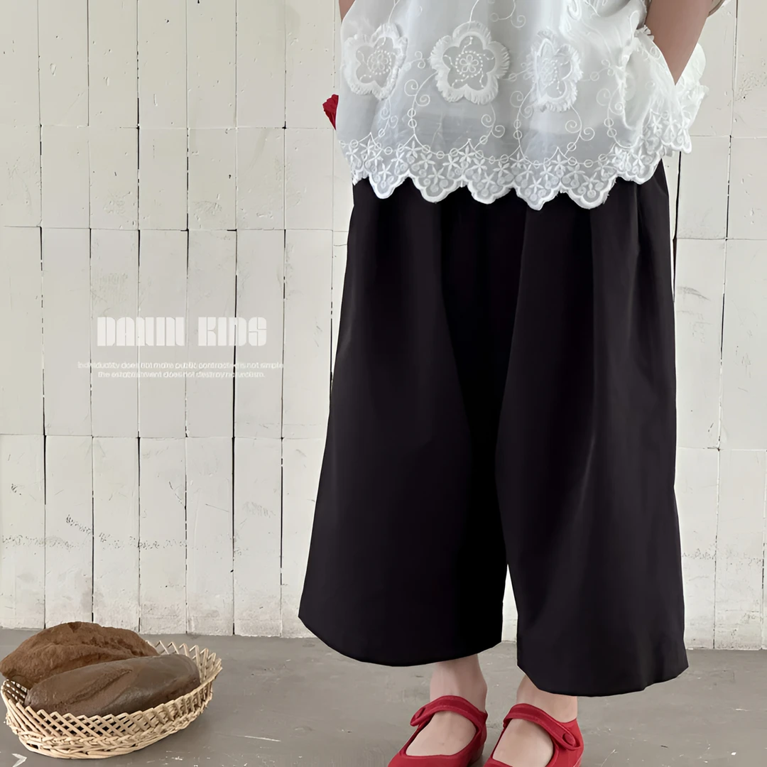 【嗒囜】女童森系服装黑色夏季新款宽松阔腿裤子儿童九分直筒休闲裤