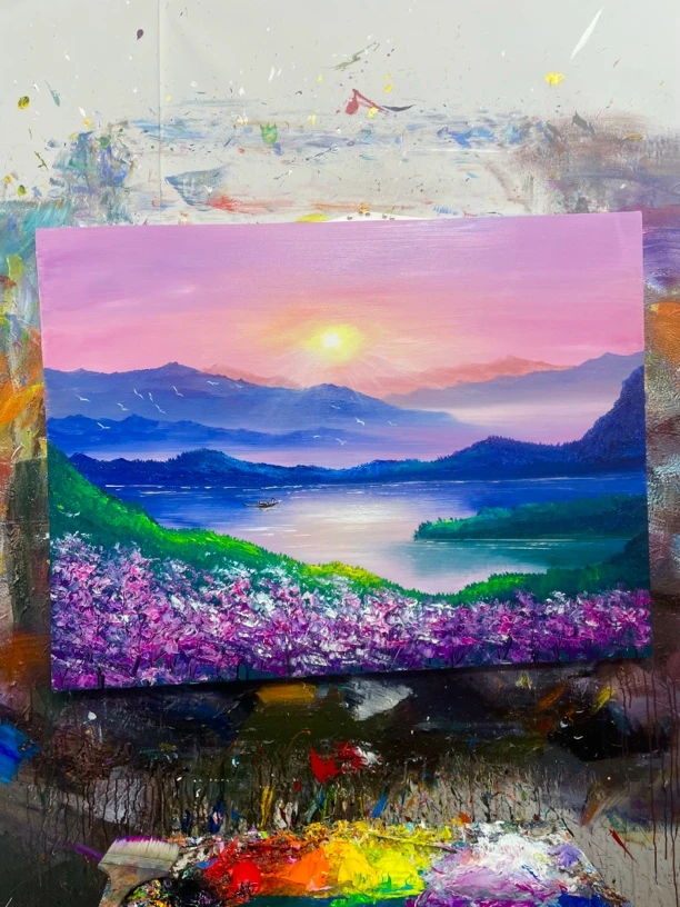 湖光山色挂画沙发背景画现代装画尺寸90.120