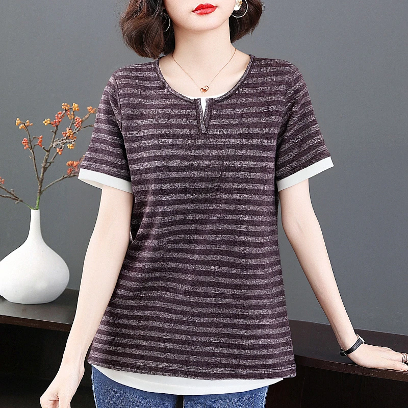 撞色条纹短袖t恤女2025年新款夏季女装宽松正肩上衣高端半袖体恤