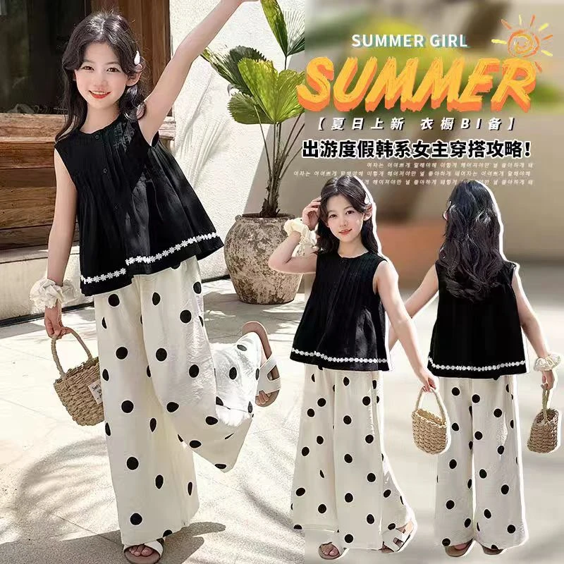 【原版品质】女童装夏装套装2025新款中大儿童波点阔腿裤两件套