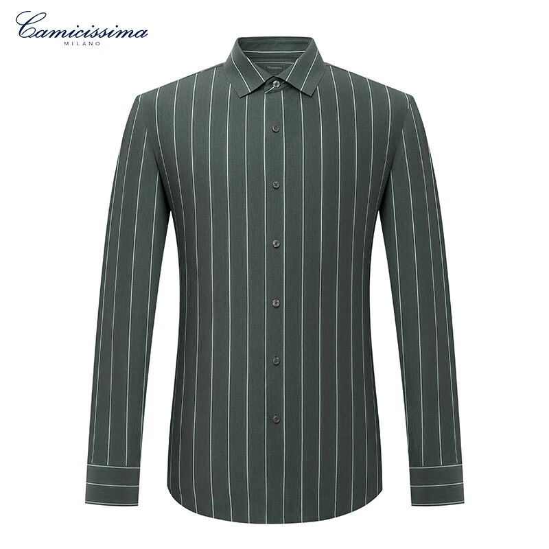 【高密针织】恺米切商务休闲针织长袖衬衫灰绿色条纹男士衬衣