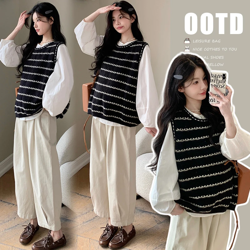 2025 孕妇春装套装2025年新款潮妈打底衫马甲两件套工装裤套装