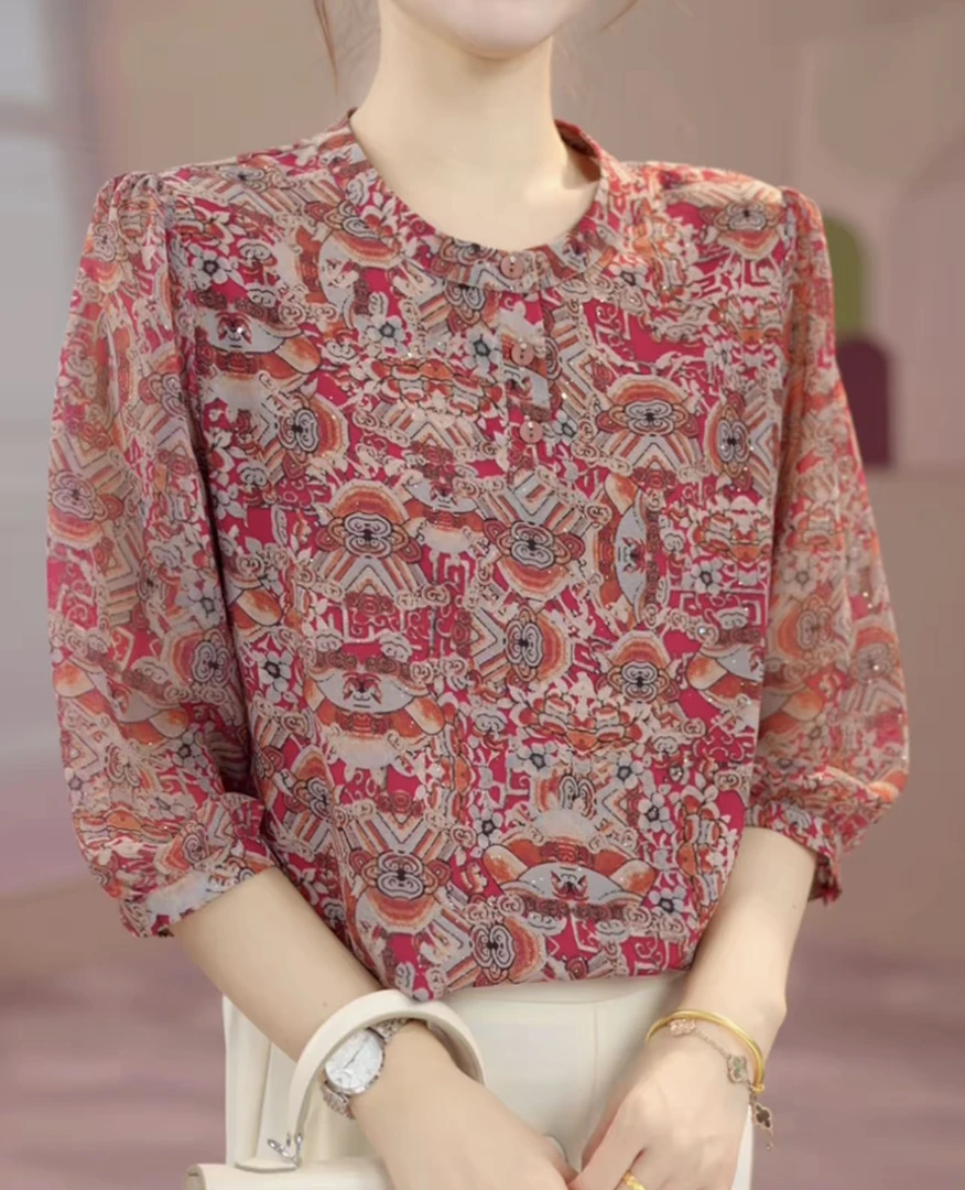 时尚圆领印花七分袖衬衫女X夏季新款妈妈装洋气减龄显瘦薄款小衫