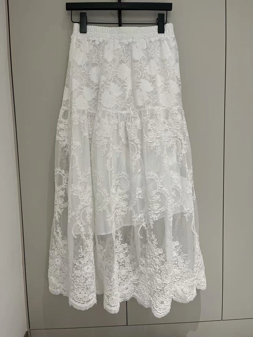 白色重工刺绣网纱半身裙女刺绣2025春夏法式高级感欧若风a字裙
