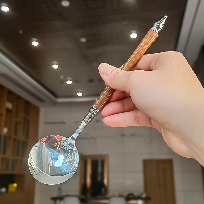 【高质量！拍一发五】高档货黄花梨木手柄不锈钢干饭勺韩式钢复古风