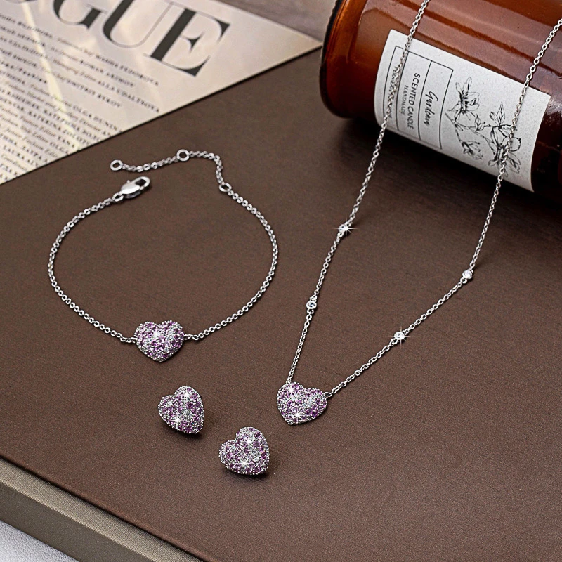 铜合金项链 三件套紫色满镶锆石爱心2025爆款轻奢桃心吊坠锁骨链