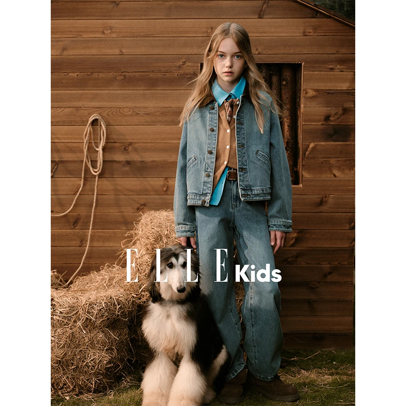 ELLE KIDS 童装经典复古休闲牛仔衣外套灯芯绒领水洗秋款时尚Q3